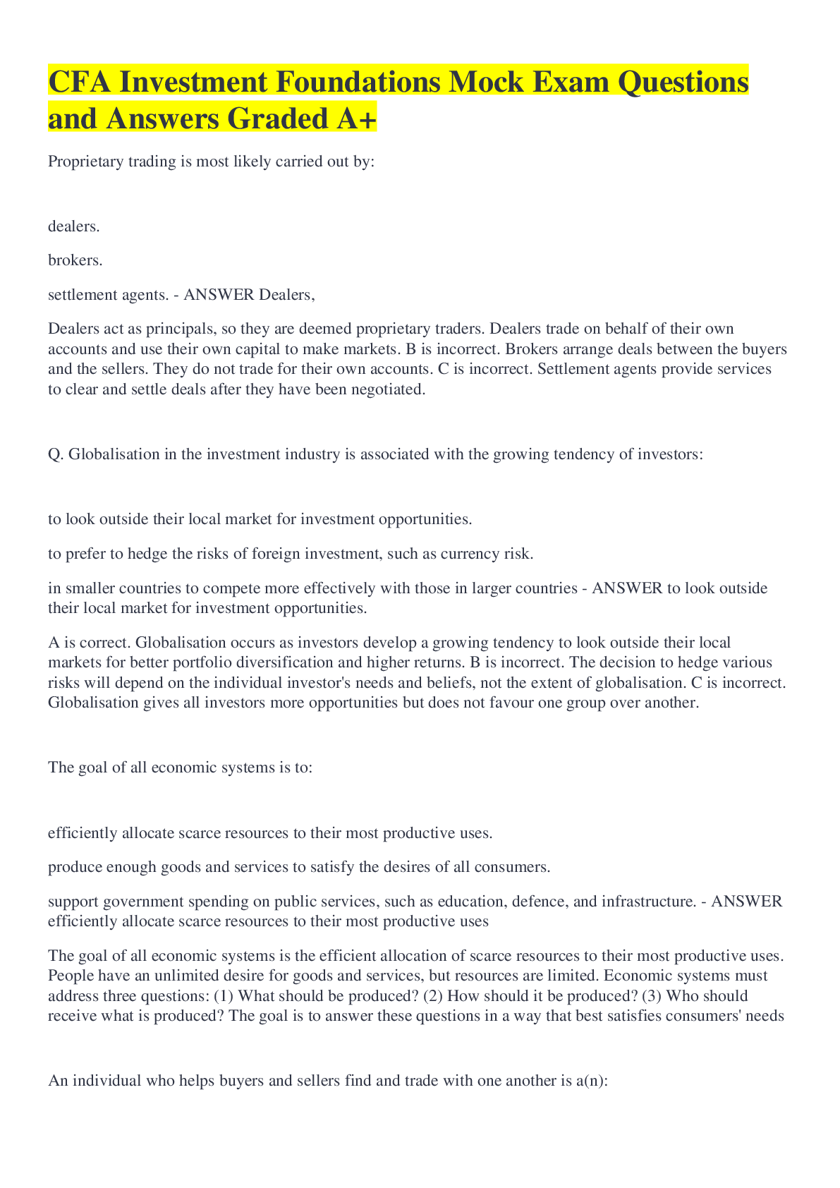 Preview image for CFA Investment Foundations Mock Exam Questions and Answers Graded A+